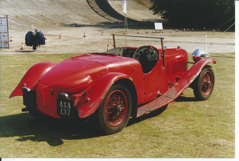 This December 1933 registered 1934 model Speed 20 SB Competition 2-seater (chassis 10869) has a body by Arthur Mulliners, built for Freddie March. It was once owned by the comedian Al Read and his catch phrase “right monkey” used to be inscribed on the car. In 1956 it was bought by Hal Garner and unused from 1968 to 1999 when restoration started. It was later sold to a Belgian. Where is it now? Photo, Bill Fryer, Brooklands SE Alvis Day, 5th September 1999.